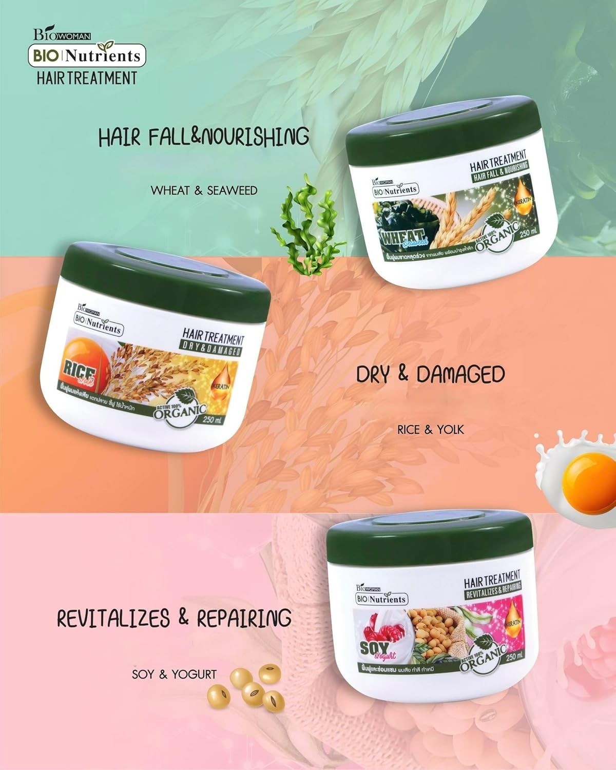 BIO Nutrients Masque Capillaire au Riz & Kératine Cheveux Secs & Abîmés 250 ml