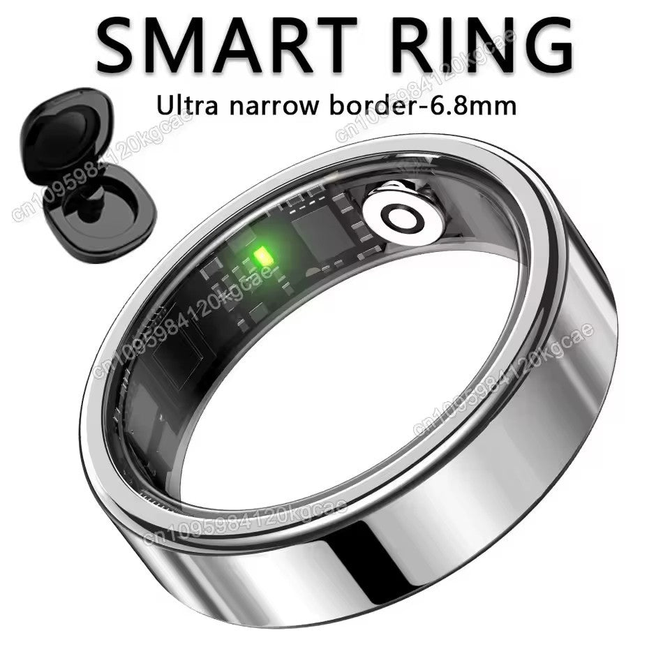 Smart health ring with crystal charging case, tracks activity, sleep & motion