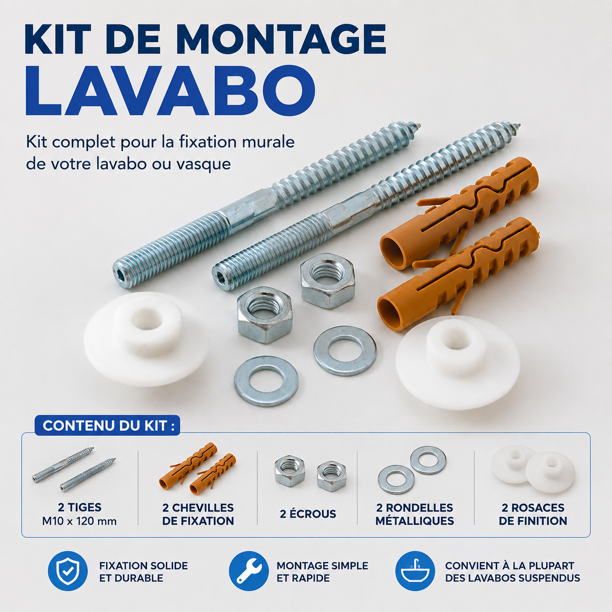 Kit complet fixation lavabo vasque M10x120 avec chevilles et accessoires