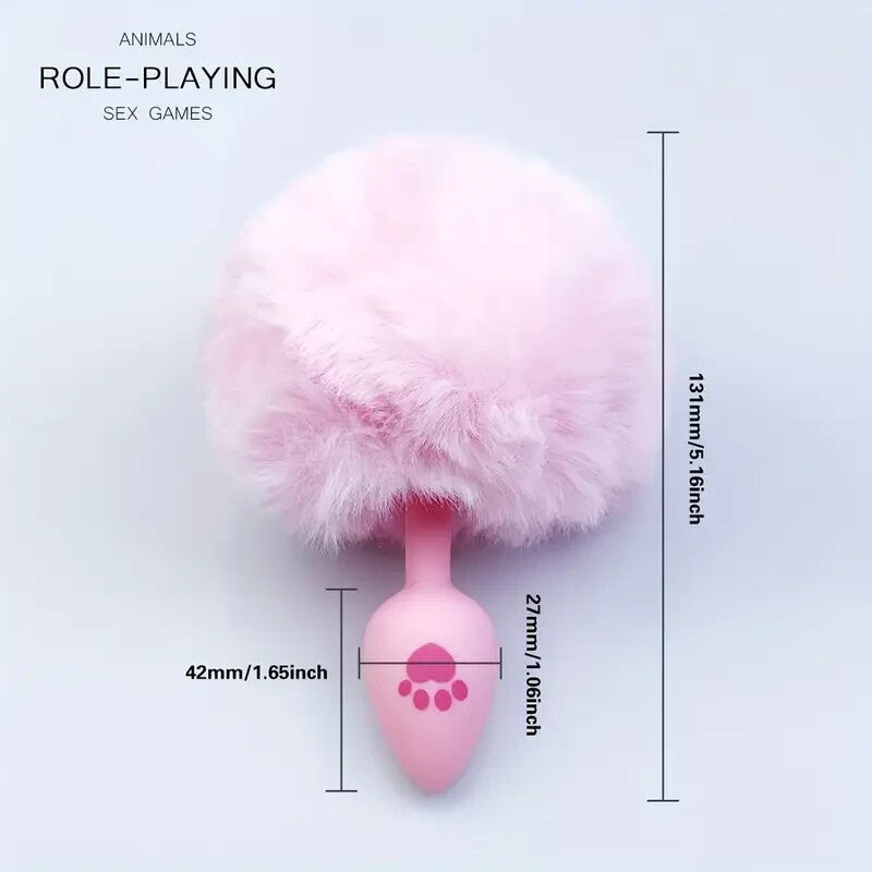 Plug anal fourrure pompom- Taille normal- couleur rose - Silicone doux - Orgasme