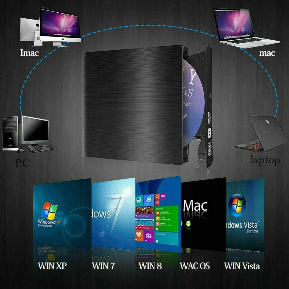 Graveur DVD-R Externe Lecteur CD-RW DVD USB 3.0 CD-ROM Portable Noir Neuf FR