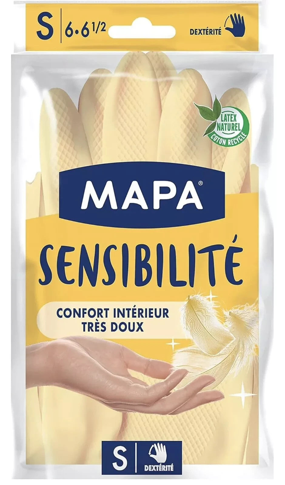 MAPA - Sensibilité - Gants de Ménage en Latex Intérieur Coton et Soie Small