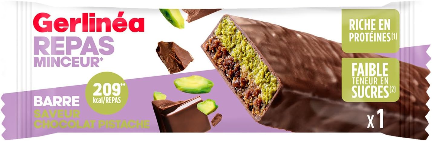 GERLINEA Barre saveur chocolat pistache, riche en protéines et faible en sucres, la barre de 62g - Lot de 4
