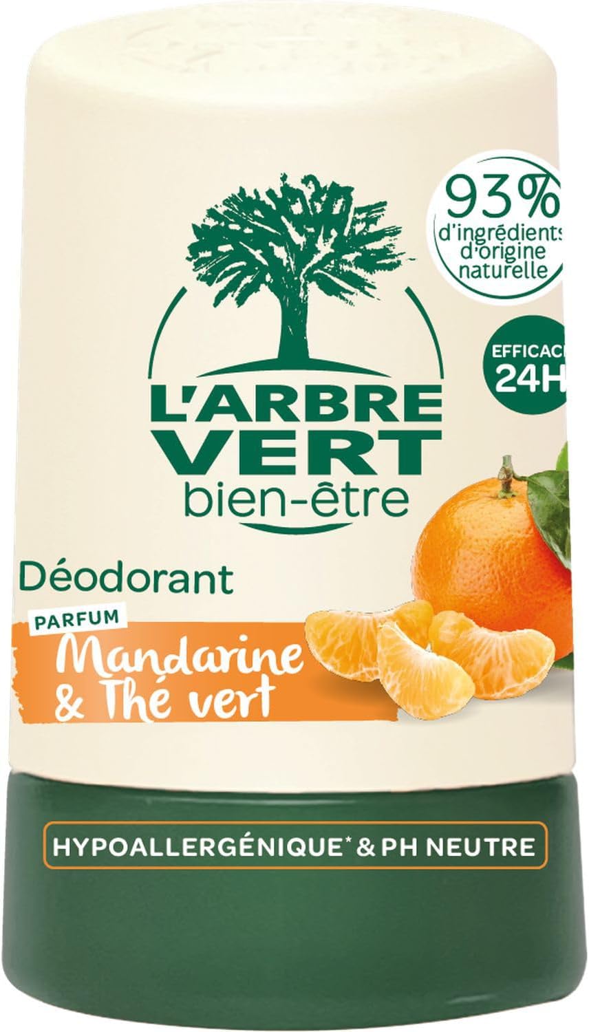 Desodorante hipoalergénico roll-on L'ARBRE VERT mandarina y té verde 50ml - Pack de 3
