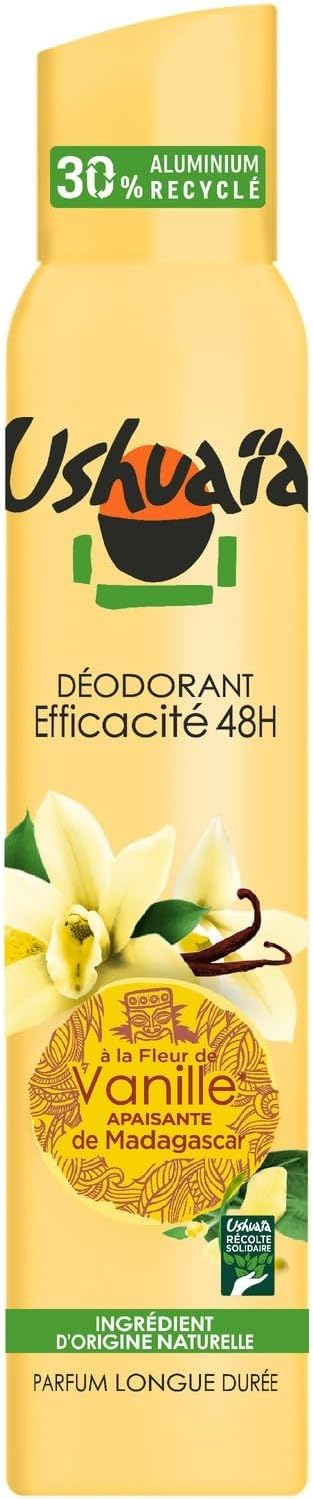 USHUAIA – Déodorant Spray 48 heures Anti-Traces, Fraîcheur Vanille, Flacon 200 ml – Pack de 3 – Vendu en lot