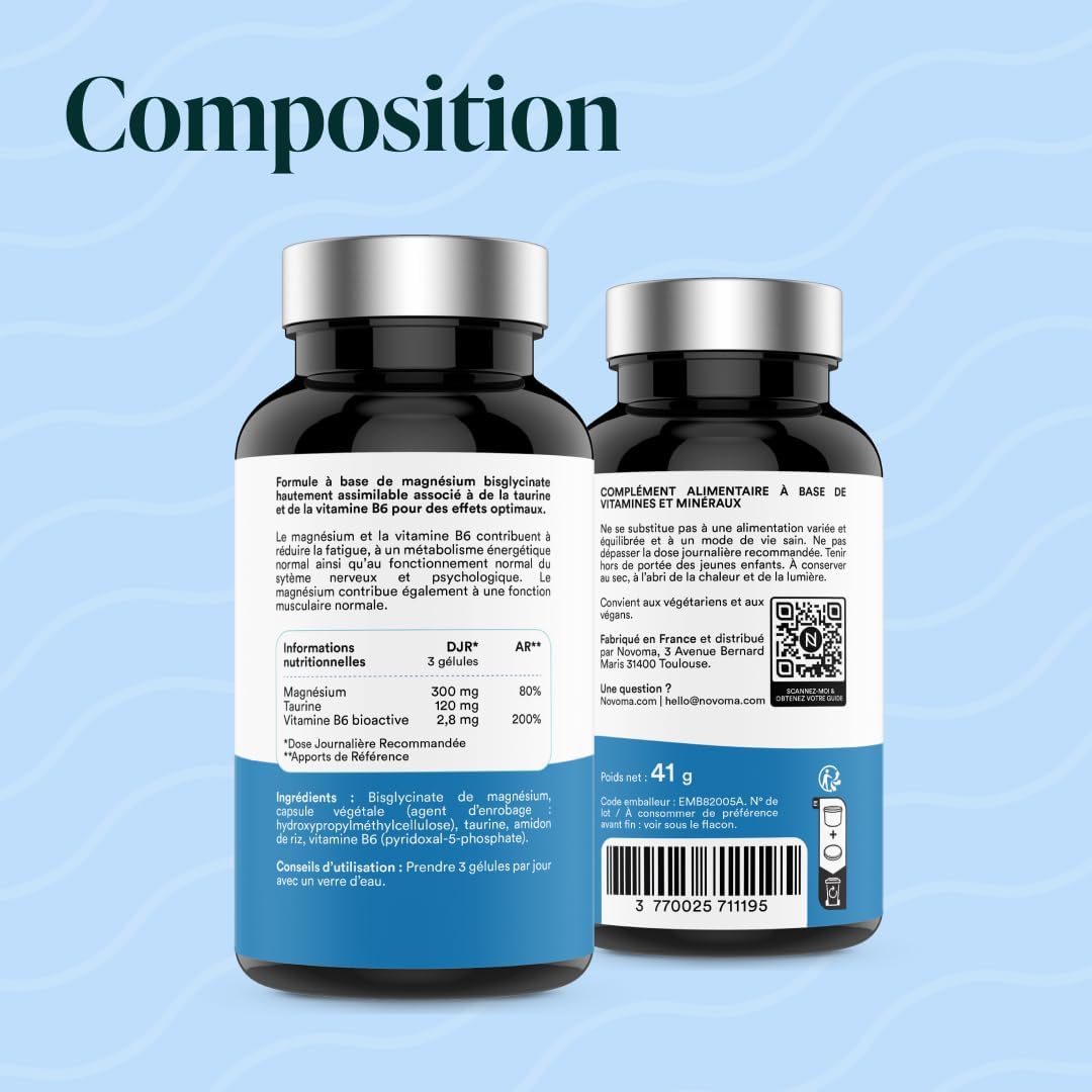 NOVOMA Magnésium Bisglycinate 300 mg + Taurine & Vitamine B6 - Fatigue et Système Nerveux - 60 gélules pour 20 jours - Magnésium Haute Absorption - Fabriqué en France