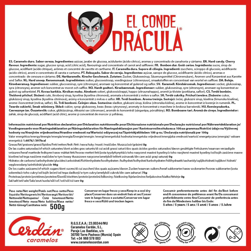 Caramelos Cerdán - Bonbons Dur Dracula Goût de Cerise | Sans Gluten et Sans Allergènes | Fêtes & Halloween | Sac 150 Bonbons - 500g