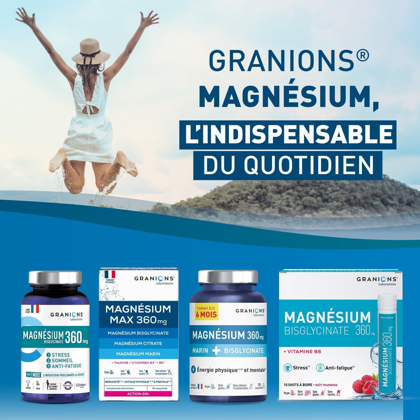 GRANIONS Magnesium Bisglycinate 360 MG - Magnesium Bisglycinate Haute Assimilation + Vitamine B6 - Anti Stress Adulte, Anti Fatigue Puissant - Sans Sucre & Vegan - 10 Shots - Goût Framboise