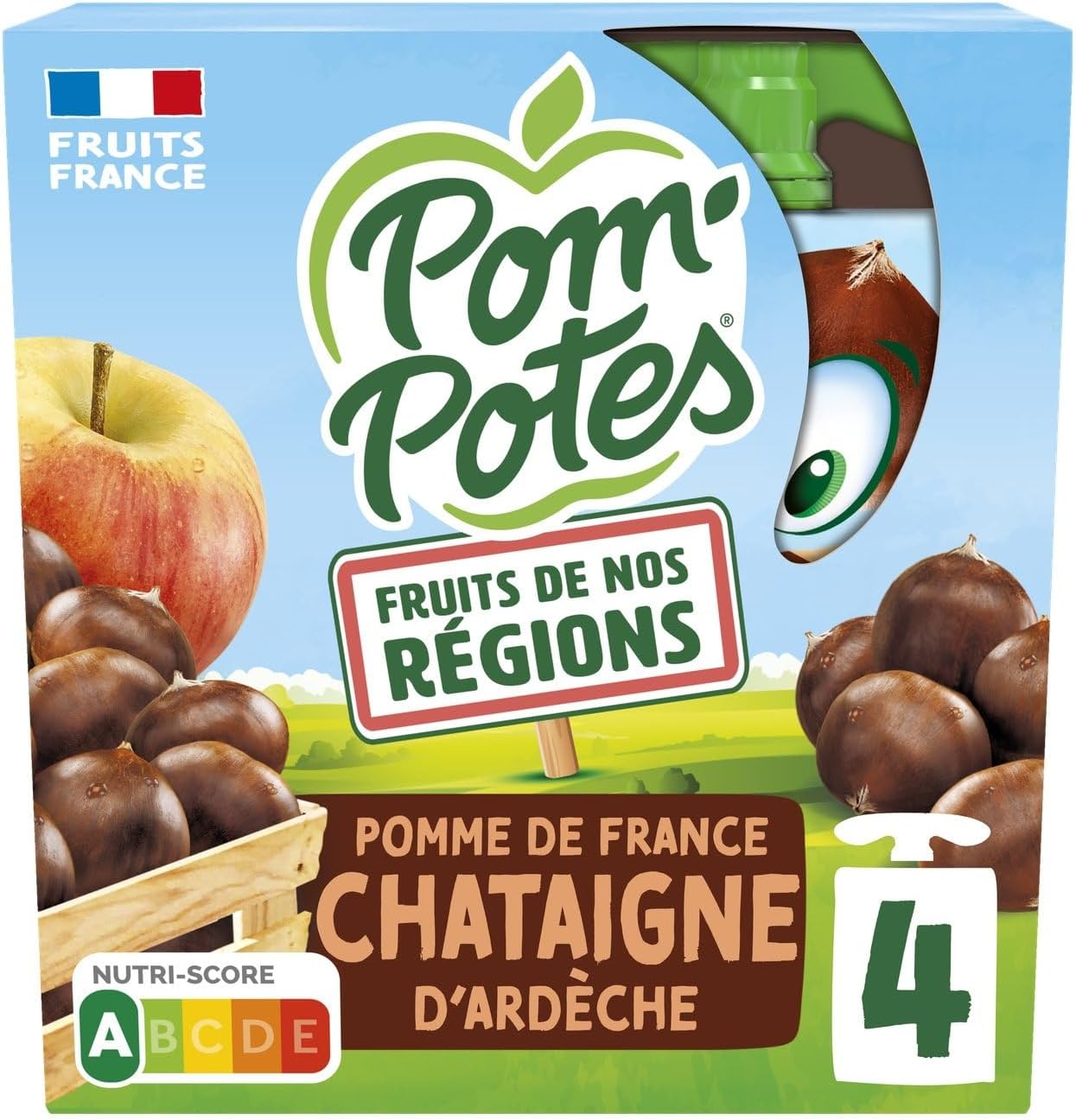 POM’POTES – Compote Naturelle Pomme Châtaigne d’Ardèche, Sans Sucres Ajoutés (4 x 90 g) – Pack de 4 – Vendu par lot
