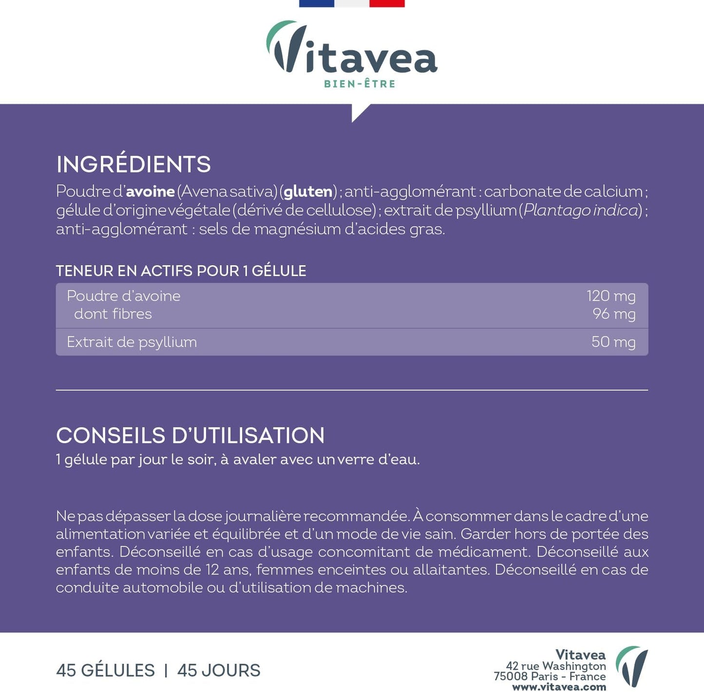 Vitavea Bien-être - Fibres Psyllium & Avoine - Transit - Cure 45 jours