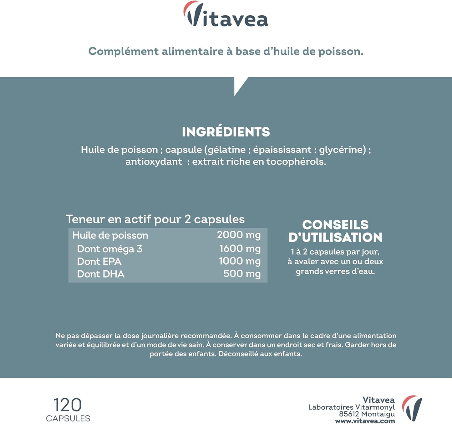 Oméga 3 2000mg - EPA 1000mg DHA 500mg - Cerveau & Vision - 4 Mois