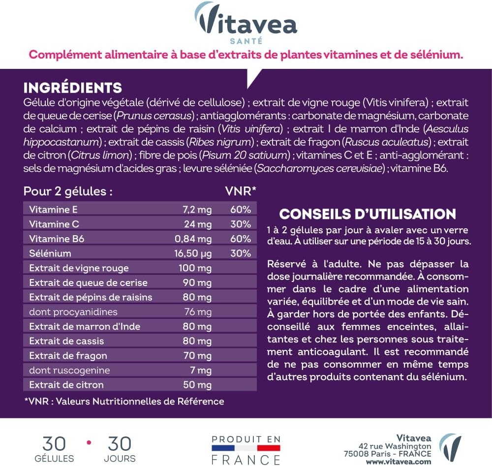 Vitavea Santé - Manhaé Jambes Légères - Vigne Rouge Fragon Cassis - 1 mois