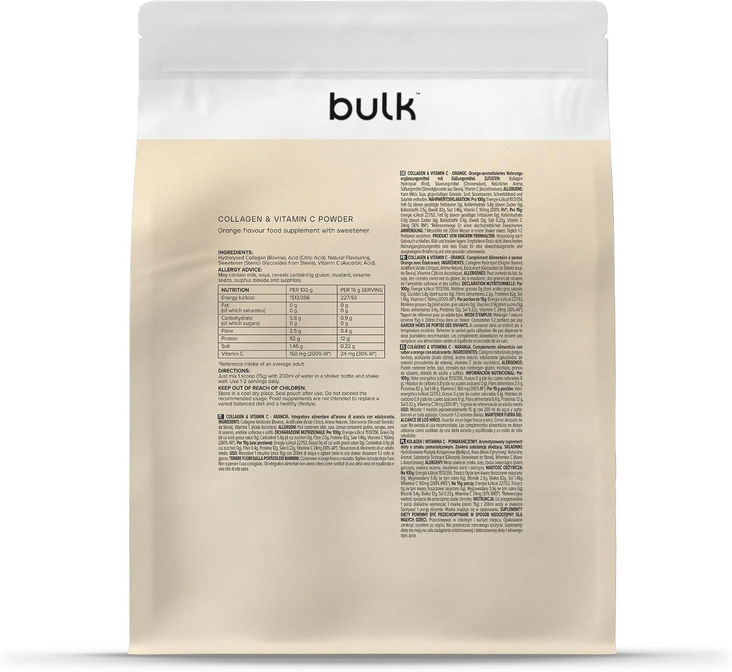 Bulk Collagène et Vitamine C en Poudre, Orange, 500 g