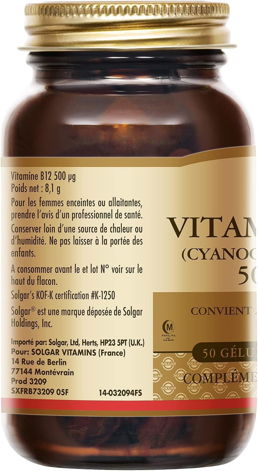 Solgar Vitamine B12 (Cyanocobalamine) 500 µg - Vitalité et énergie - Contribue à réduire la fatigue - Vegan - Vitamines - Complément Alimentaire - Flacon de 50 gélules végétales