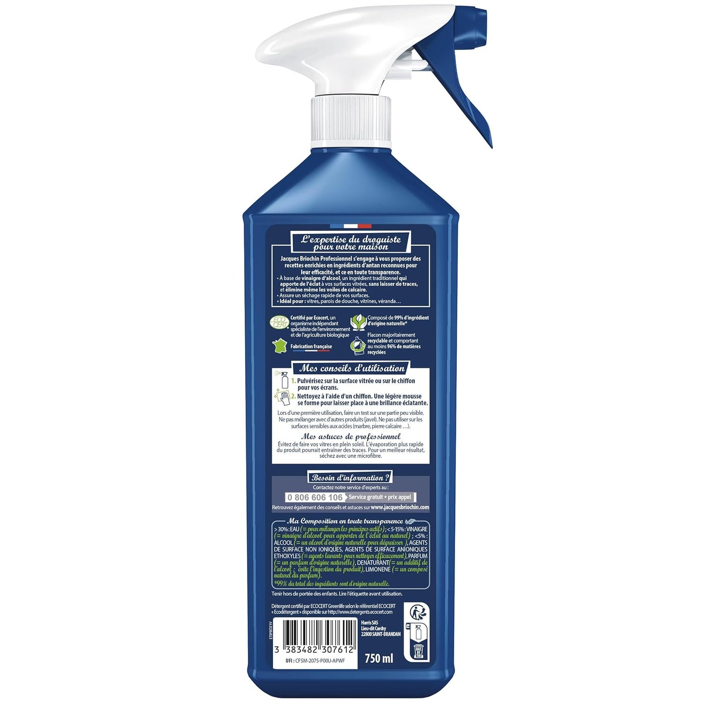 JACQUES BRIOCHIN - Nettoyant Surfaces Vitrées - Nettoie, Fait Briller, Elimine les Voiles de Calcaires - 99% d'Ingrédients d'Origine Naturelle - - Fabriqué En France - 750mL