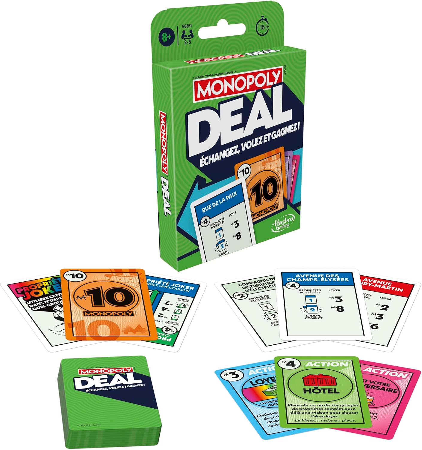 Monopoly Deal, Jeu de Cartes Rapide Inspiré du Jeu de Société Classique, Idée Cadeau d'anniversaire pour Garçons et Filles, Enfants et Familles, Dès 8 Ans
