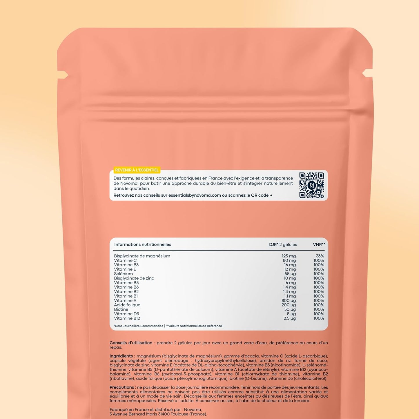 Multivitamines et Minéraux, 15 Nutriments Essentiels, Vitamines A B C D E + Magnésium & Zinc, Immunité & Énergie, 60 gélules Vegan, Cure de 1 mois, Fabriqué en France, Essentials by Novoma