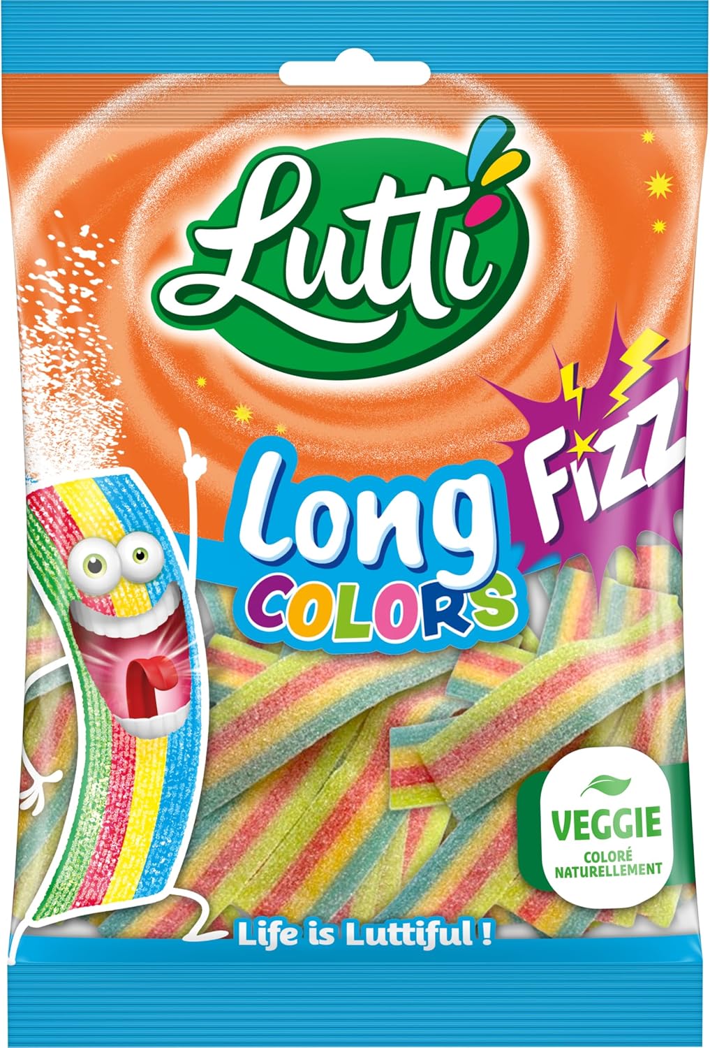 LUTTI Long Fizz Colors Bonbons Acidulés Goût Fruits 100g