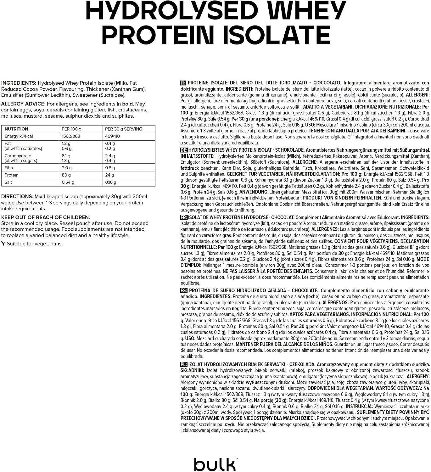Bulk Isolat de Whey Protéine Hydrolysé, Chocolat, 500 g