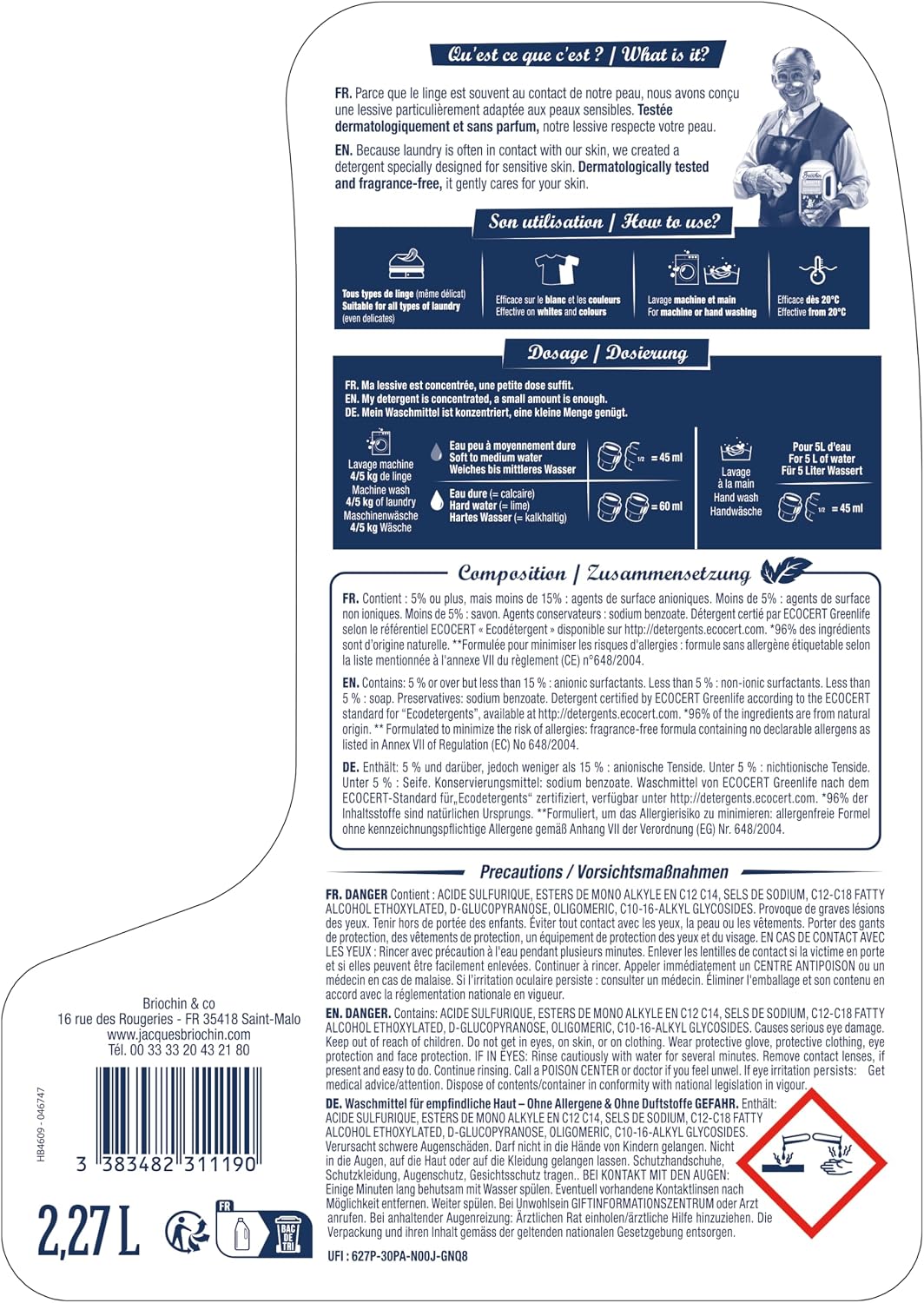 BRIOCHIN Lessive liquide Peaux Sensibles sans parfum, 50 lavages