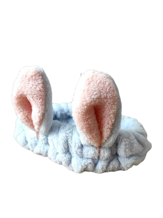 Bandeau élastique pour les cheveux modèle oreilles de lapin couleur bleu ciel, ultra doux, taille unique et adaptable. Lavable en machine à laver.