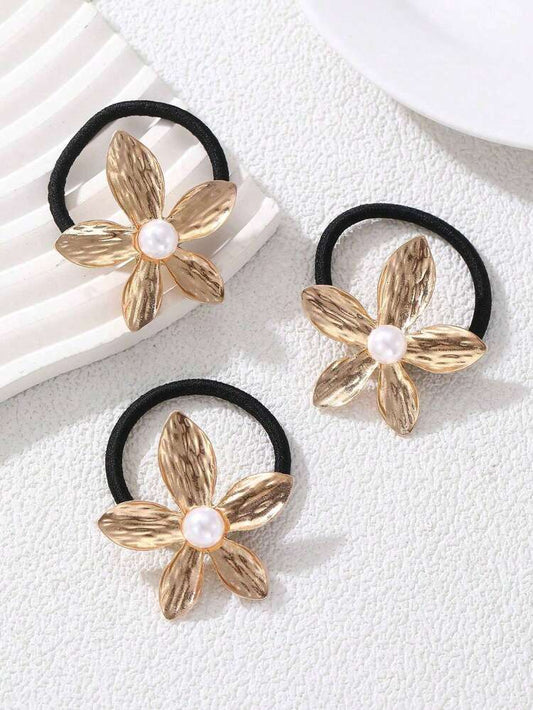 Juego de 3 gomas elásticas elegantes con flores doradas, accesorios para el cabello metálicos