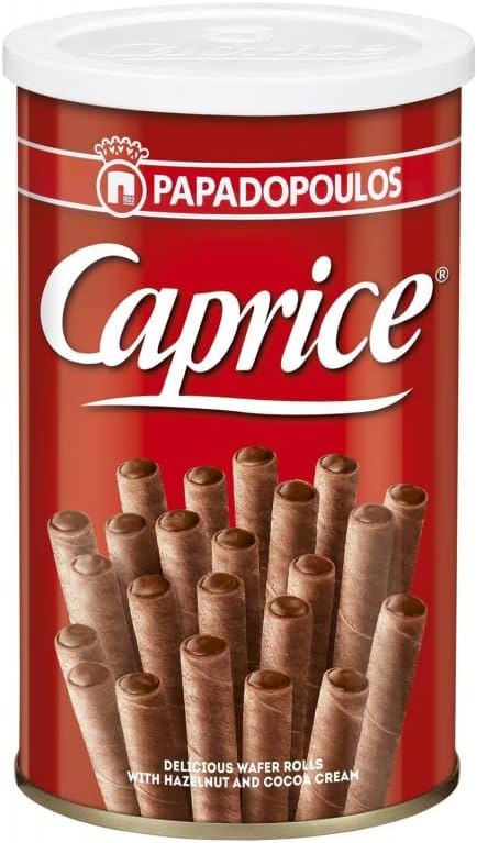 CAPRICE GAUFRETTES ROULÉES FOURRÉES À LA CRÈME DE NOISETTE ET CACAO 115G, PAPADOPOULOS, LOT DE 4