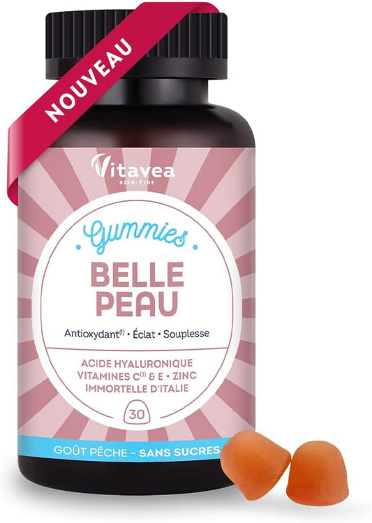 VITAVEA BIEN-ETRE - Gummies Belle Peau - Acide hyaluronique, Vitamine C, Vitamine E, Zinc et Immortelle d'Italie - Triple action : Antioxydant, éclat, souplesse de la peau - 30 Gummies - Goût pêche