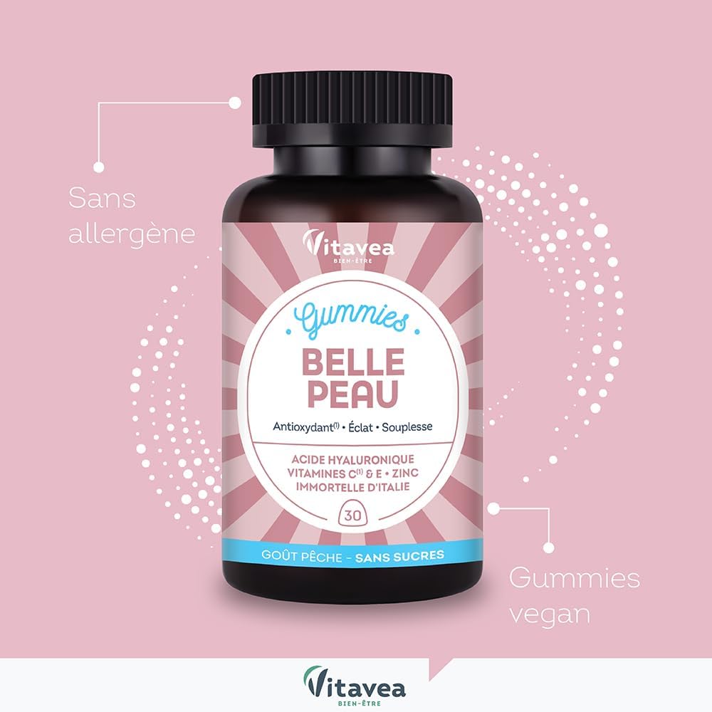 VITAVEA BIEN-ETRE - Gummies Belle Peau - Acide hyaluronique, Vitamine C, Vitamine E, Zinc et Immortelle d'Italie - Triple action : Antioxydant, éclat, souplesse de la peau - 30 Gummies - Goût pêche