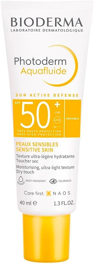 BIODERMA Photoderm Aquafluide SPF50+ Fluide solaire visage, très haute protection UVA et UVB - Soin hydratant et matifiant - Peaux sensibles - Texture rafraîchissante et toucher sec - Tube 40 ml