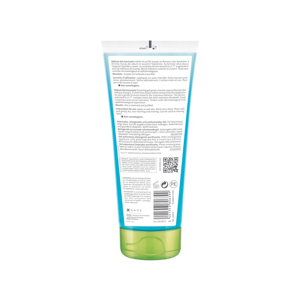 SÉBIUM Gel moussant 200ml | Nettoie et purifie en douceur – Limite la sécrétion du sébum | Peaux sensibles mixtes à grasses