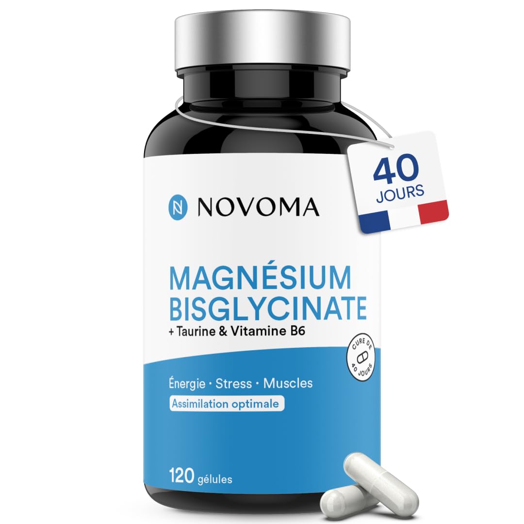 NOVOMA Magnésium Bisglycinate 300 mg + Taurine & Vitamine B6 - Fatigue et Système Nerveux - 60 gélules pour 20 jours - Magnésium Haute Absorption - Fabriqué en France