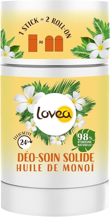 LOVEA - Déodorant solide Monoi Efficacité 24h - 98% D'Origine Naturelle