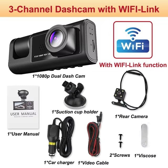 360° 3 Channel 1080P Car Dash Cam Front and Rear Inside Left Right + Camera -USA