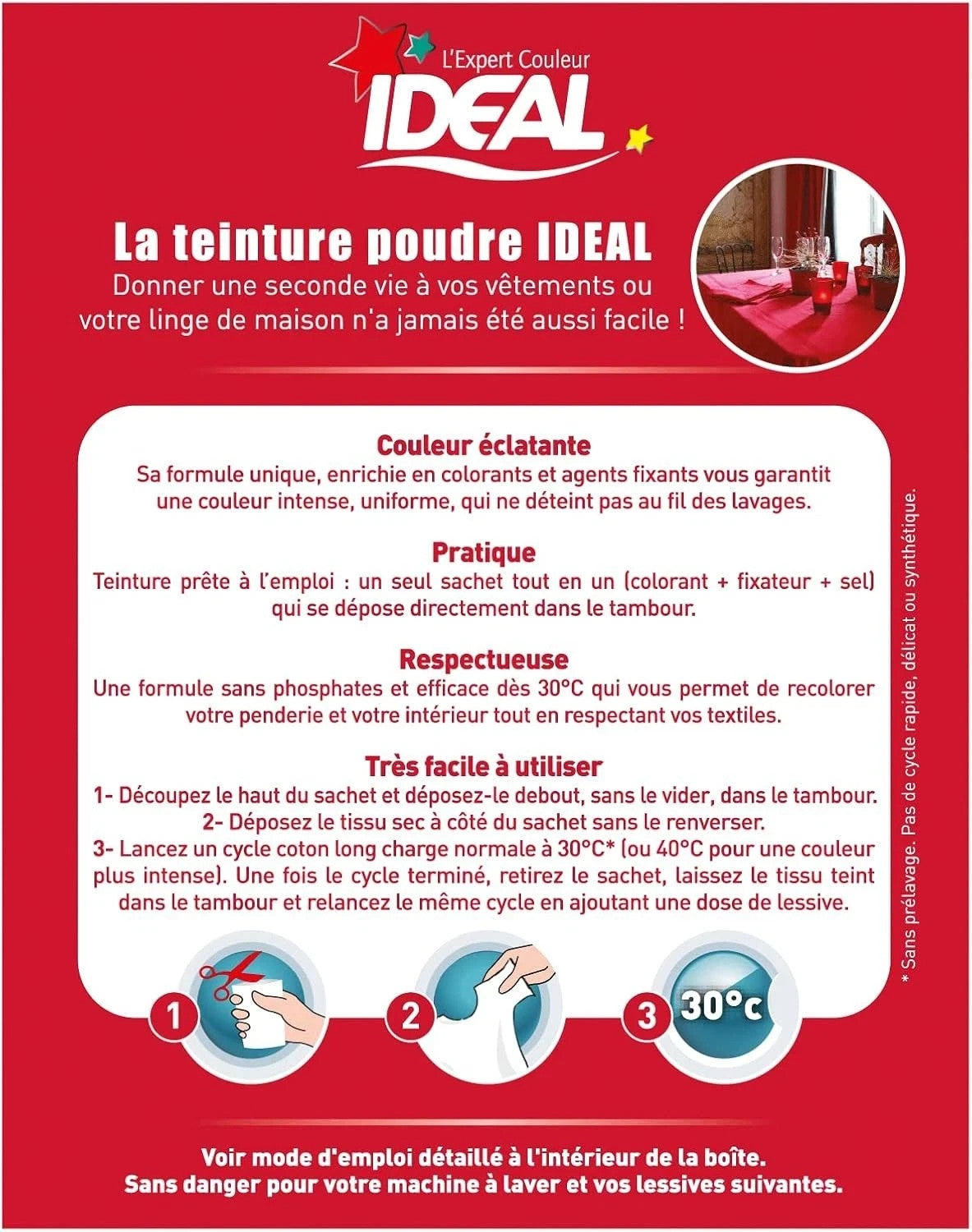 Teinture Textile Ideale Rouge 350 g - Restaurez la Couleur de Vos Tissus