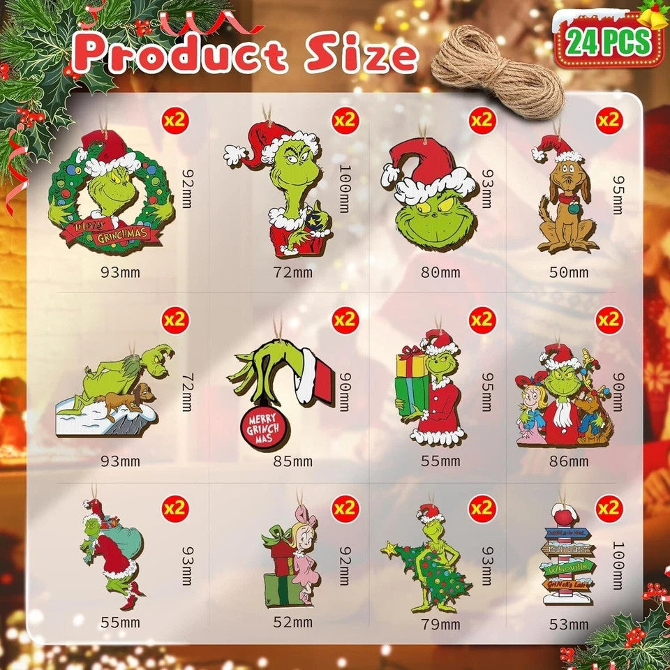 24 PCS Grinch Christmas Tree Ornaments, Hanging Xmas Grinch Wooden Decorations