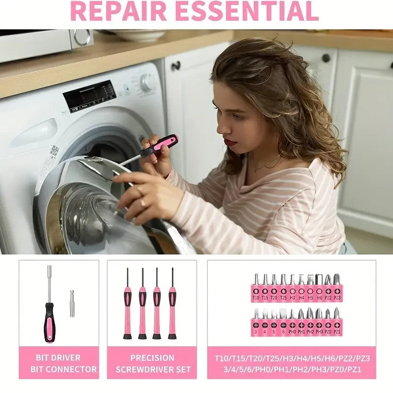 Set d’Outils Rose 39 pièces pour Femmes – Petit Kit de Réparation à Domicile