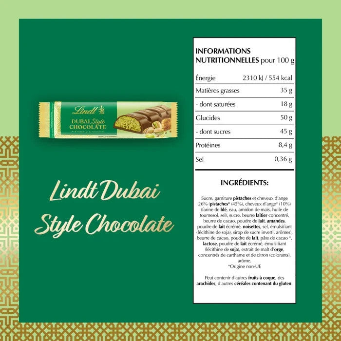 Lindt Dubaï Style barre de chocolat Lait 40 g | Pistache & Kadayif | Dubai