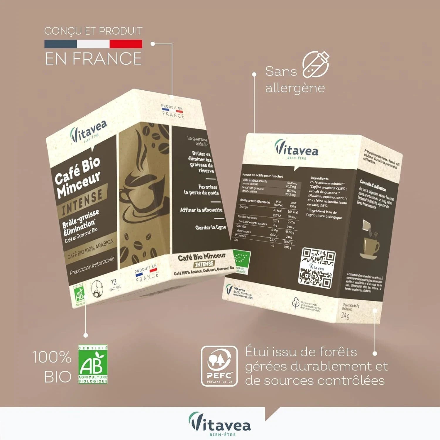 Vitavea Café Minceur BIO Intense Elimination Brûle-graisse 100% Arabica 12 sac