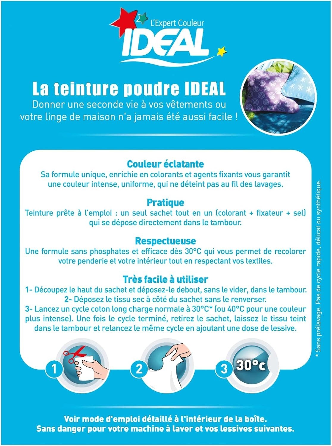 Ideal Teinture Textile Tout en un 230 g bleu clair colorant raviveur de couleur