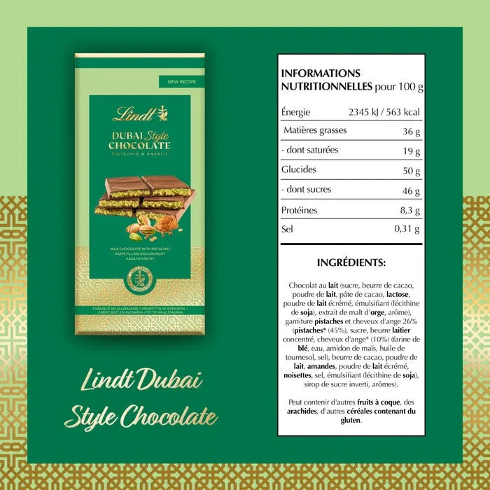 Lindt Dubaï Style tablette de chocolat Lait 150 g | Pistache & Kadayif | Dubai