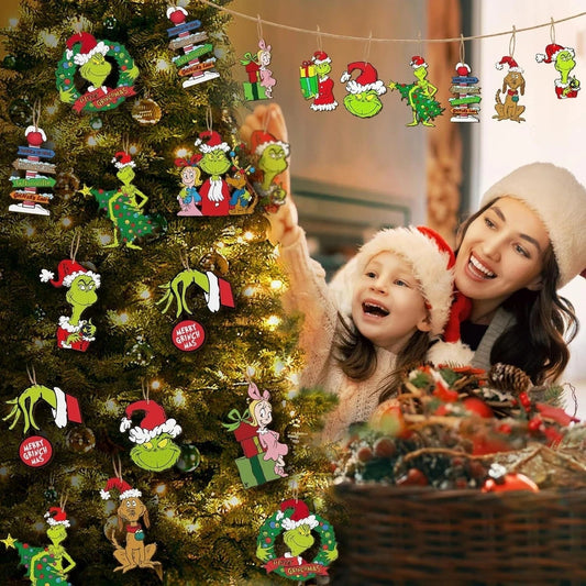 24 PCS Grinch Christmas Tree Ornaments, Hanging Xmas Grinch Wooden Decorations