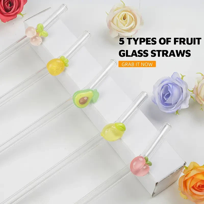 5 pailles en verre motif fruits colorés + 2 goupillons aesthétic classe