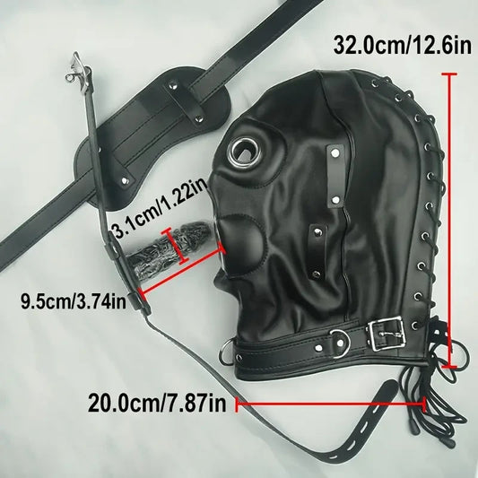 Masque BDSM avec cagoule et gag de bouche amovible + gode ceinture