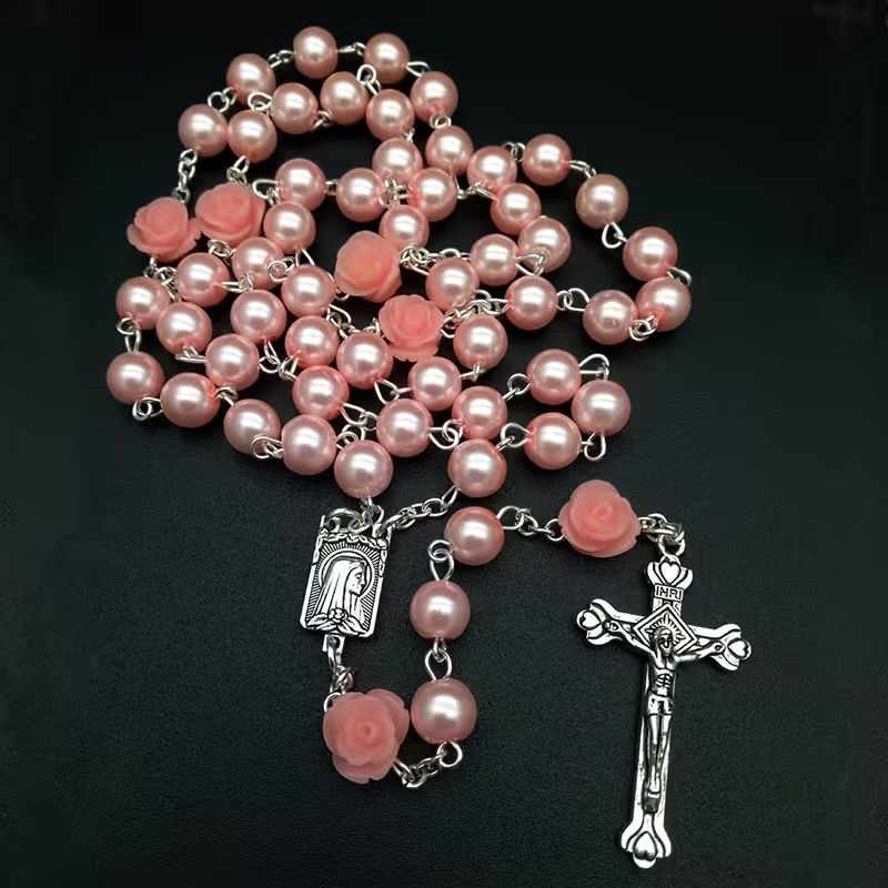 Chapelet  première communion baptême religieux rose blanc pearl collier cadeaux