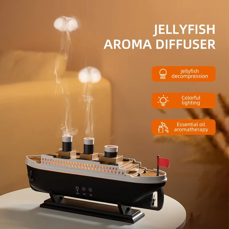 Retro Ship Jellyfish Air Humidifier 250ML Aroma Diffuser RGB Night Light Remote 