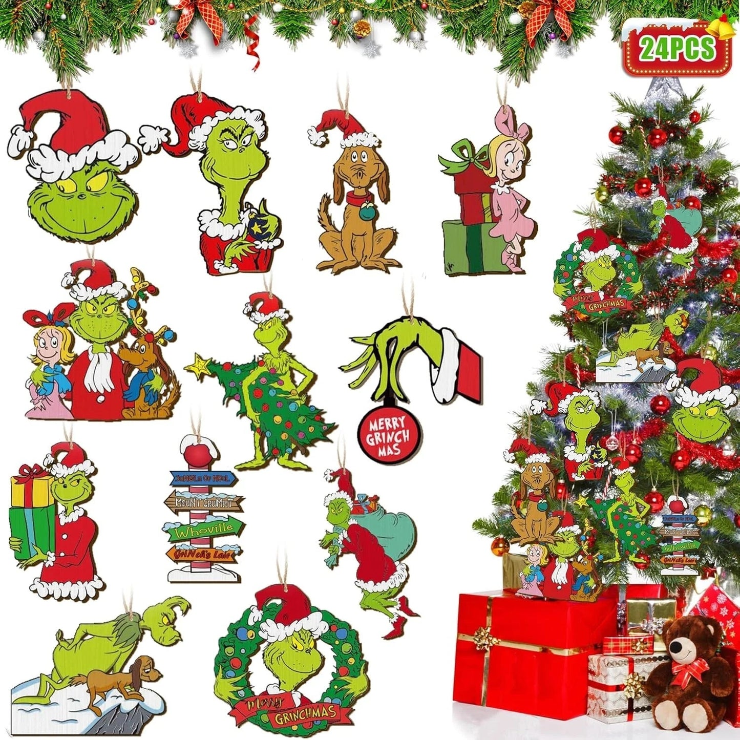 24 PCS Grinch Christmas Tree Ornaments, Hanging Xmas Grinch Wooden Decorations