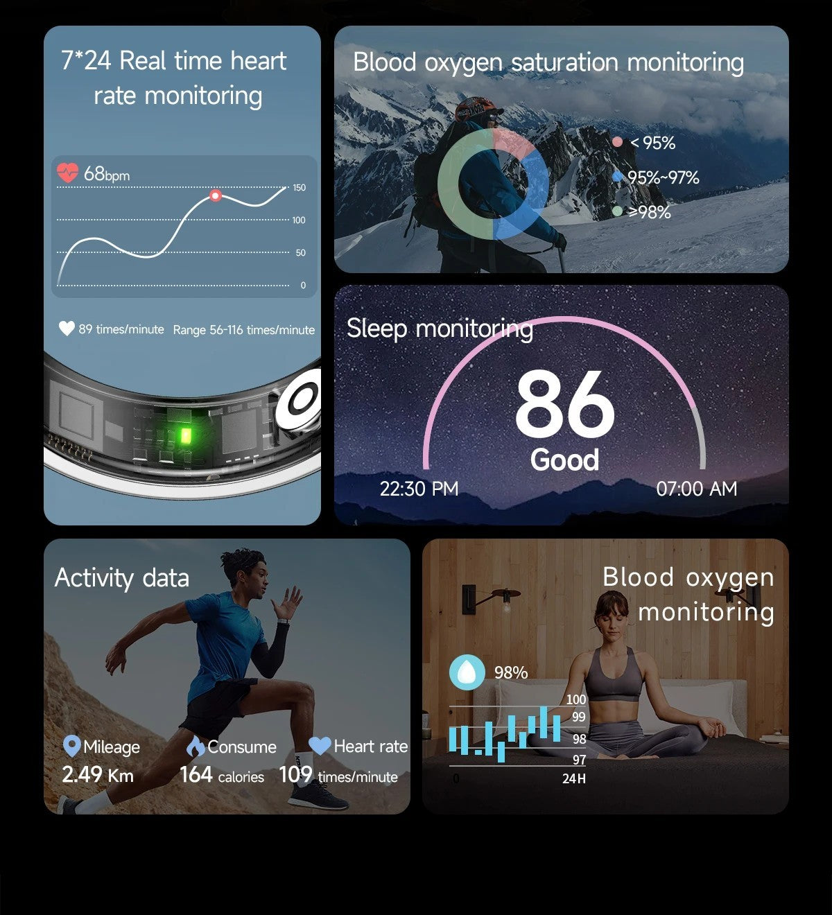 Smart health ring with crystal charging case, tracks activity, sleep & motion