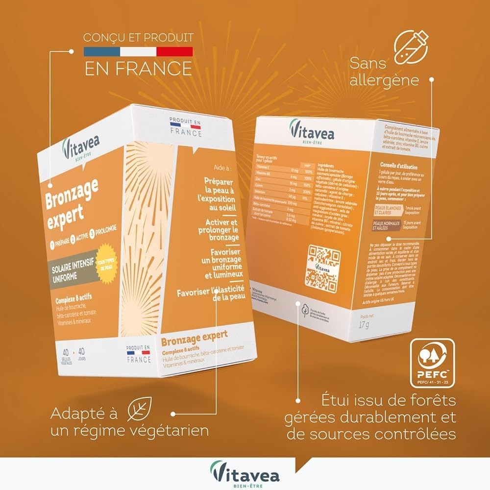 Vitavea - Bronzage Expert - Complément Alimentaire - 40 Gélules - Fabriqué En Fr