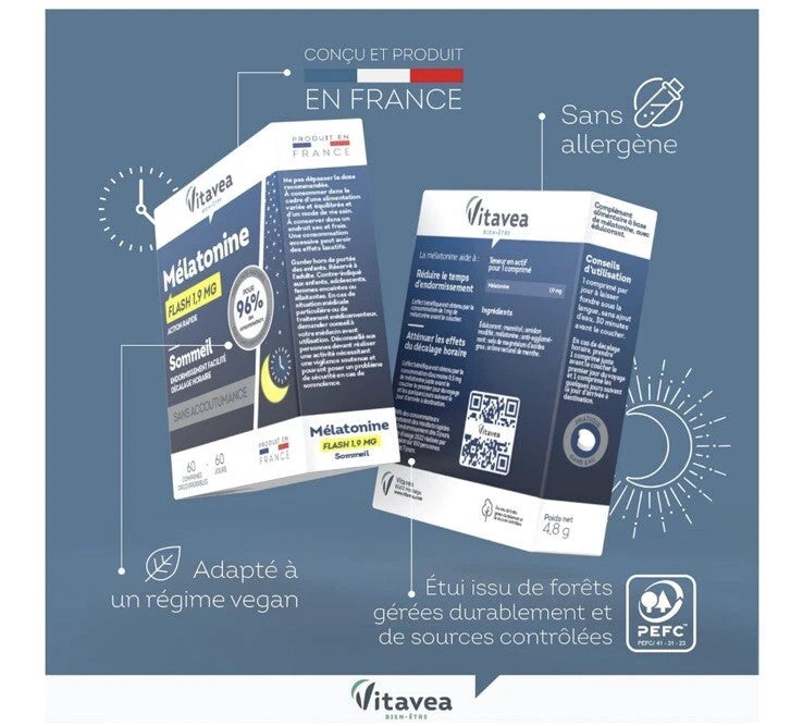 Complément alimentaire Vitavea flash 1,9mg sommeil cure de 60 jours sans accoutu